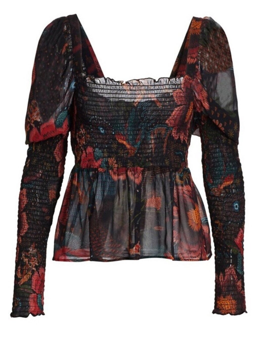 Farm Rio River Creature Chiffon Poet Blouse Top Small Smocked NEW